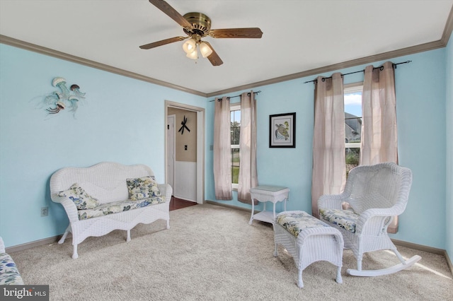 2785 Sparrow Dr, York, PA 17408 - living area with ornamental molding, a ceiling fan, and carpet flooring