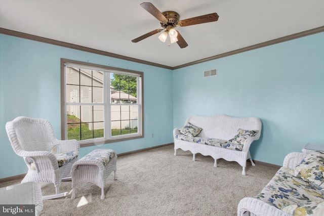 2785 Sparrow Dr, York, PA 17408 - living area featuring ornamental molding, ceiling fan, and carpet floors