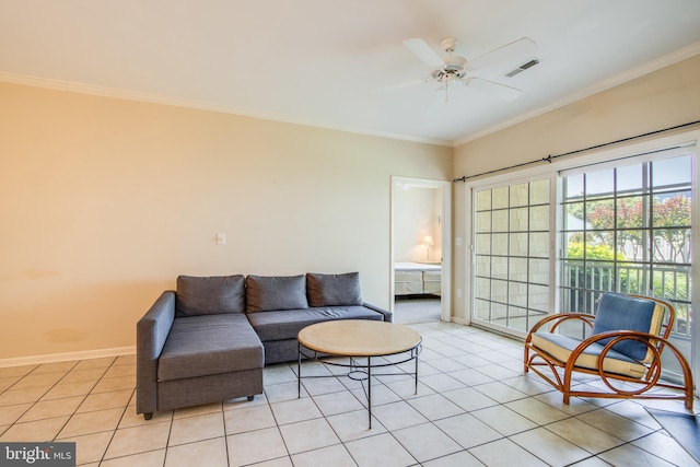 19967 Sandy Bottom Cir Unit 103, Rehoboth Beach, DE 19971 - living room with light tile patterned floors, ornamental molding, and ceiling fan