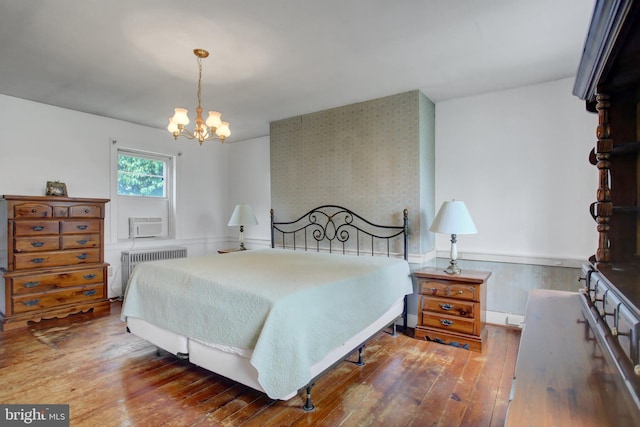 8029 Molly Pitcher Hwy, Shippensburg, PA 17257 - bedroom featuring wallpapered walls, radiator, a chandelier, hardwood / wood-style flooring, and cooling unit