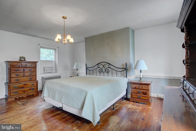 8029 Molly Pitcher Hwy, Shippensburg, PA 17257 - bedroom with wallpapered walls, radiator, a chandelier, hardwood / wood-style flooring, and wainscoting