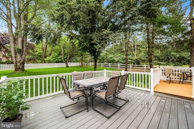 1 Ralph Marsh Dr, Glen Mills, PA 19342 - wooden terrace featuring outdoor dining space, a fenced backyard, and view of wooded area