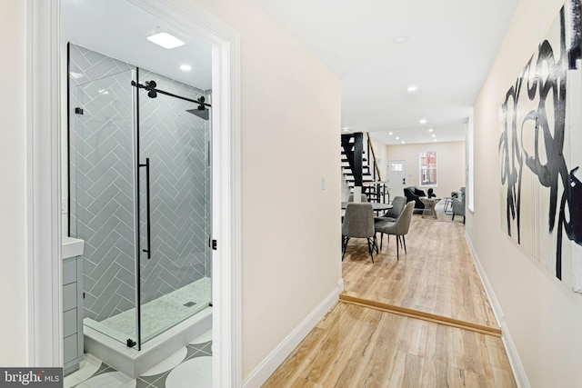 2617 E Norris St, Philadelphia, PA 19125 - hallway with stairway, light wood-style flooring, and recessed lighting