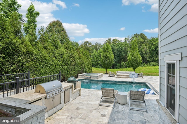 41550 Hepatica Ct, Ashburn, VA 20148 - swimming pool featuring an in-ground hot tub, an outdoor kitchen, and a patio area