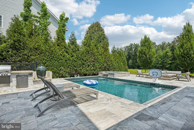 41550 Hepatica Ct, Ashburn, VA 20148 - swimming pool with exterior kitchen, a patio, an in-ground hot tub, and an outdoor living space with a fire pit