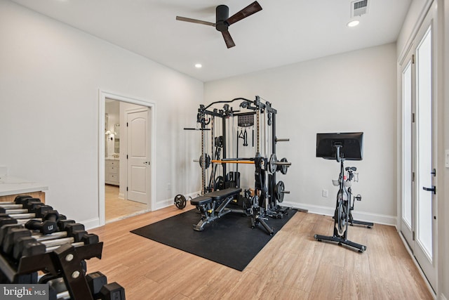 41550 Hepatica Ct, Ashburn, VA 20148 - workout room featuring a ceiling fan, wood finished floors, and recessed lighting