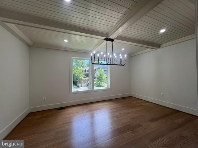 2520 N Vernon St N, Arlington, VA 22207 - empty room featuring a chandelier, wood finished floors, a wood ceiling with exposed beams, crown molding, and recessed lighting