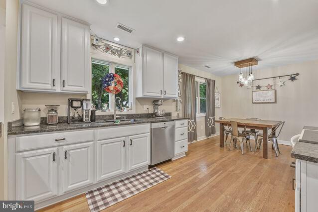 32 Hamilton Terrace Dr, Hamilton, VA 20158 - kitchen featuring dishwasher, white cabinetry, plenty of natural light, light wood-type flooring, and recessed lighting