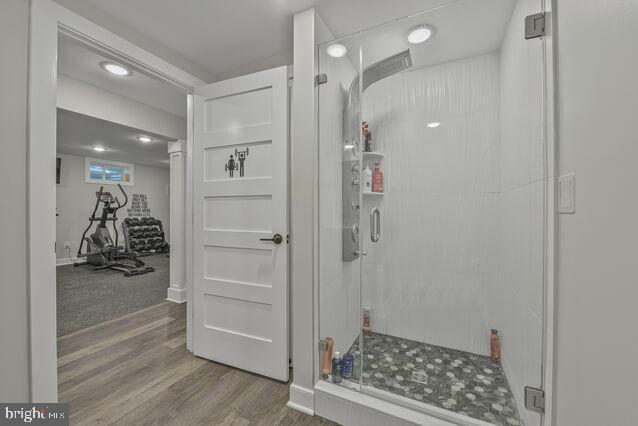 32 Hamilton Terrace Dr, Hamilton, VA 20158 - bathroom featuring wood finished floors and a shower stall