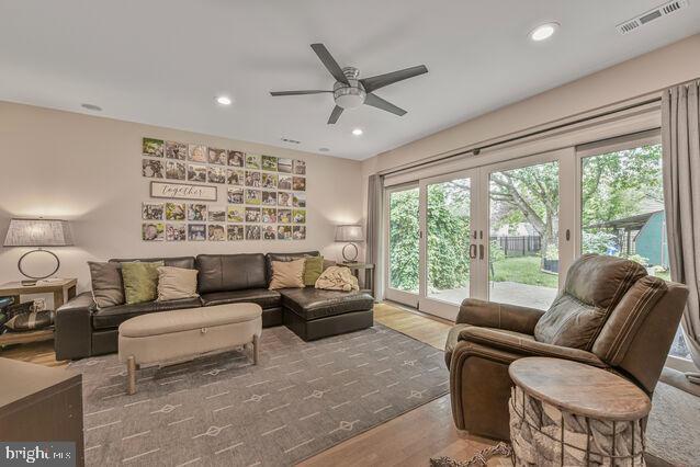 32 Hamilton Terrace Dr, Hamilton, VA 20158 - living area with wood finished floors, french doors, a ceiling fan, and recessed lighting