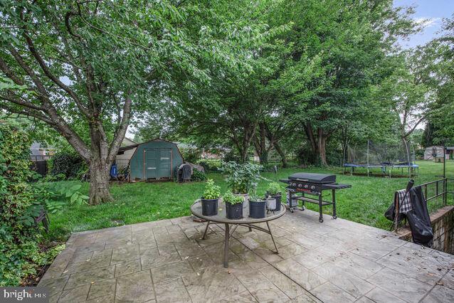 32 Hamilton Terrace Dr, Hamilton, VA 20158 - view of patio / terrace with a trampoline, a storage shed, and area for grilling