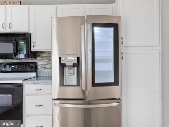 237 Lakeview Dr, Cross Junction, VA 22625 - kitchen featuring stainless steel fridge with ice dispenser, black microwave, electric range oven, and white cabinets