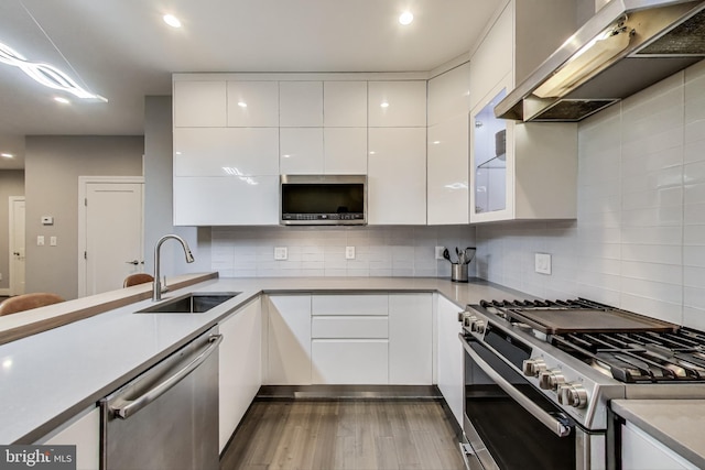 625 Park Rd NW Unit 206, Washington, DC 20010 - kitchen featuring appliances with stainless steel finishes, modern cabinets, white cabinetry, wall chimney exhaust hood, and wood finished floors