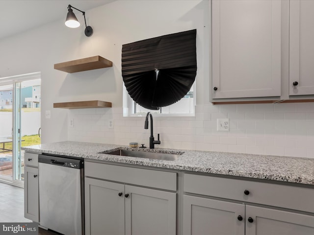76 Diving Scaup Rd, Hedgesville, WV 25427 - kitchen featuring stainless steel dishwasher, tasteful backsplash, gray cabinetry, open shelves, and light stone countertops