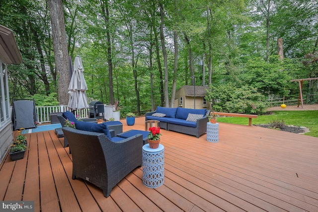 840 Old State Rd, Berwyn, PA 19312 - wooden terrace featuring an outdoor hangout area, a storage shed, and grilling area