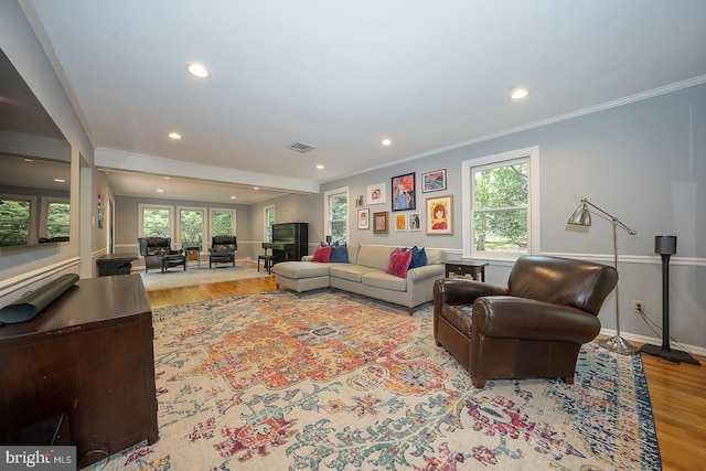 840 Old State Rd, Berwyn, PA 19312 - living room featuring wood finished floors, crown molding, and recessed lighting