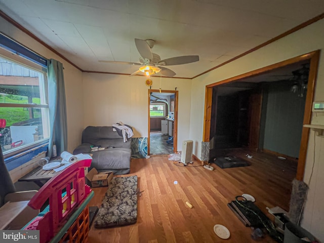 430 Bayard St, Kane, PA 16735 - living room featuring crown molding, wood finished floors, a ceiling fan, and radiator