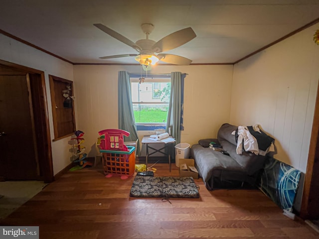 430 Bayard St, Kane, PA 16735 - living area with crown molding, wood finished floors, and a ceiling fan