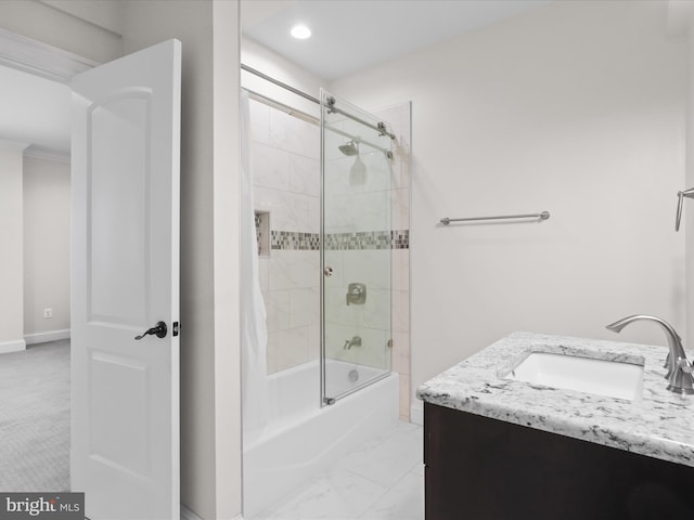 11509 Asbury Ridge Ct, Nokesville, VA 20181 - bathroom with shower / bath combination with glass door, vanity, recessed lighting, and marble finish floors