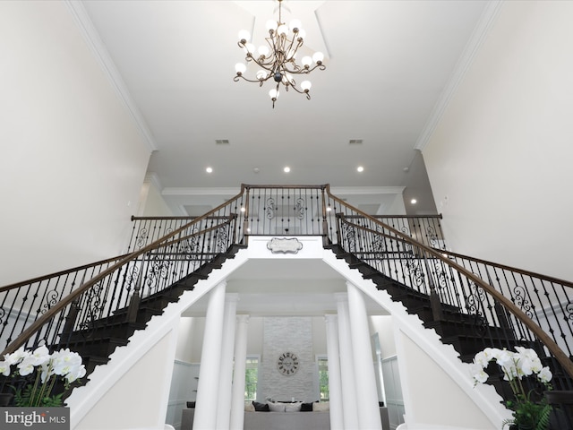 11509 Asbury Ridge Ct, Nokesville, VA 20181 - staircase with a towering ceiling, recessed lighting, ornamental molding, and a chandelier