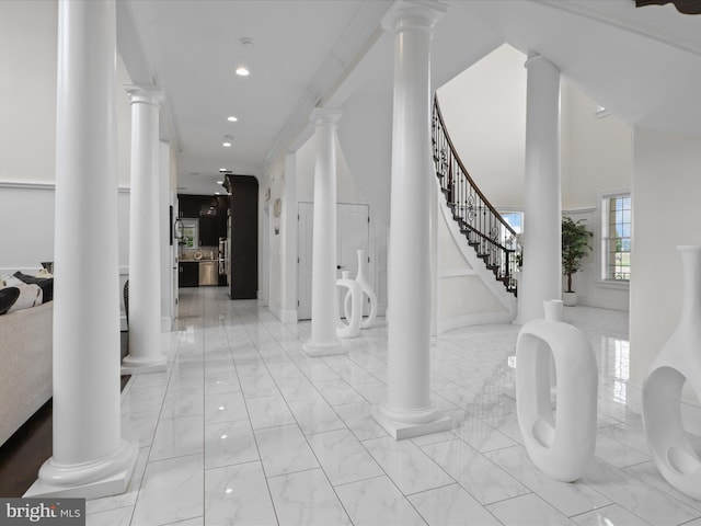 11509 Asbury Ridge Ct, Nokesville, VA 20181 - entrance foyer featuring light marble finish floors, recessed lighting, stairway, and ornate columns