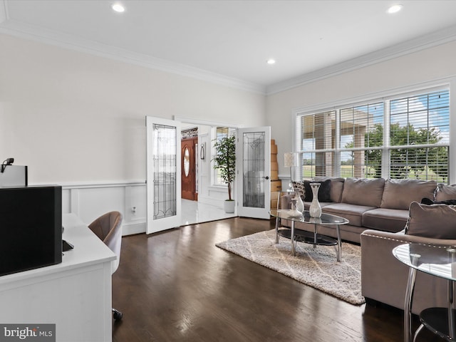 11509 Asbury Ridge Ct, Nokesville, VA 20181 - living room with crown molding, recessed lighting, and dark wood-type flooring