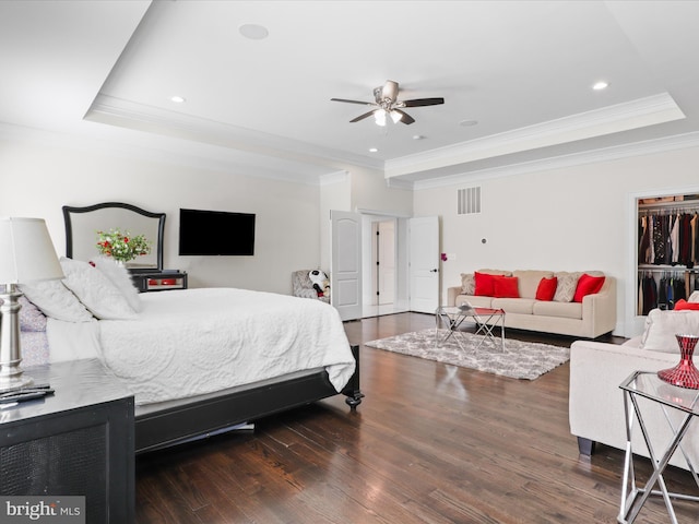 11509 Asbury Ridge Ct, Nokesville, VA 20181 - bedroom with a raised ceiling, wood finished floors, crown molding, recessed lighting, and a ceiling fan