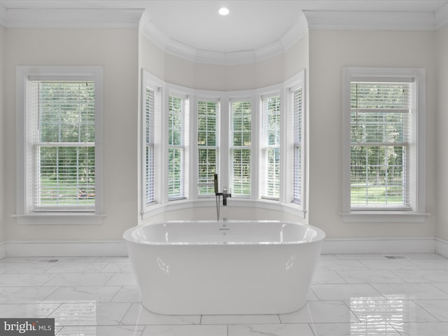 11509 Asbury Ridge Ct, Nokesville, VA 20181 - bathroom featuring a freestanding tub, ornamental molding, and marble finish flooring