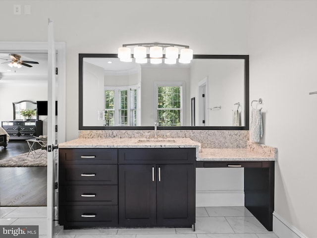 11509 Asbury Ridge Ct, Nokesville, VA 20181 - bathroom featuring vanity, a ceiling fan, and crown molding
