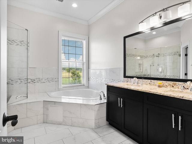 11509 Asbury Ridge Ct, Nokesville, VA 20181 - full bath featuring a bath, marble look tile flooring, double vanity, a shower stall, and crown molding