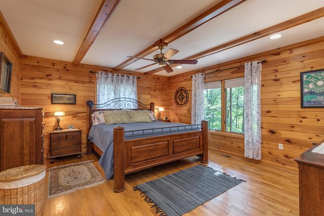 379 Wintergreen Way, Berkeley Springs, WV 25411 - bedroom with wood finished floors, beam ceiling, wooden walls, recessed lighting, and a ceiling fan