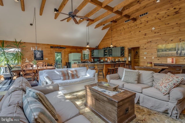 379 Wintergreen Way, Berkeley Springs, WV 25411 - living room featuring wood walls, high vaulted ceiling, beam ceiling, and ceiling fan