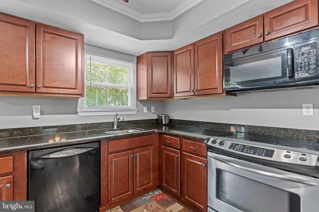 701 Hunters Run, Perkasie, PA 18944 - kitchen with black appliances, crown molding, dark stone counters, and brown cabinets
