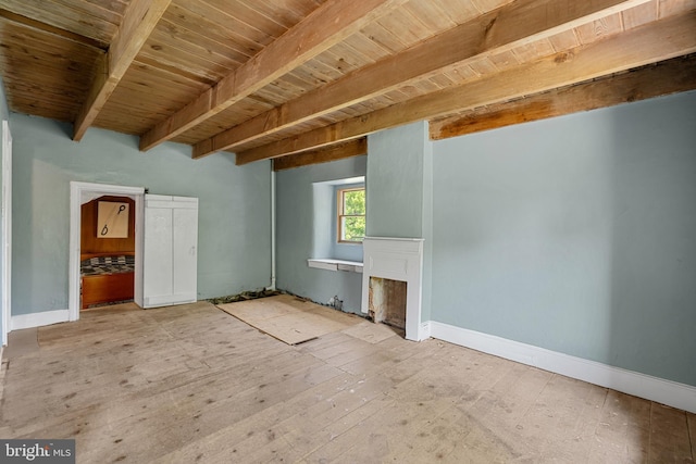 2397 Hill Rd, Perkiomenville, PA 18074 - unfurnished bedroom featuring a wood ceiling with exposed beams and a fireplace