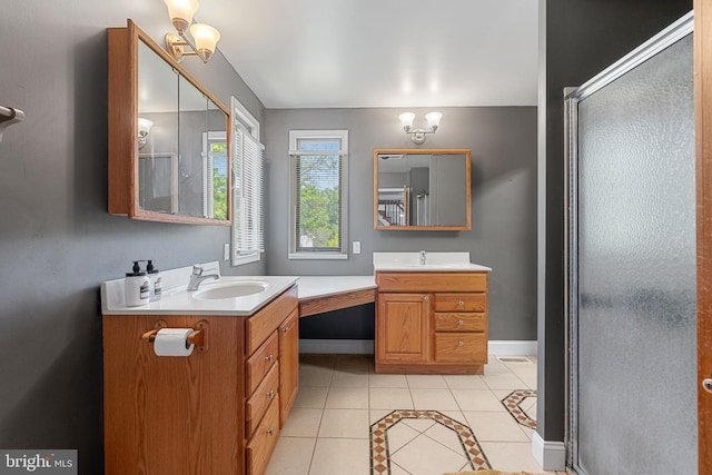 2397 Hill Rd, Perkiomenville, PA 18074 - full bathroom with tile patterned floors, two vanities, a stall shower, and inlaid floor details