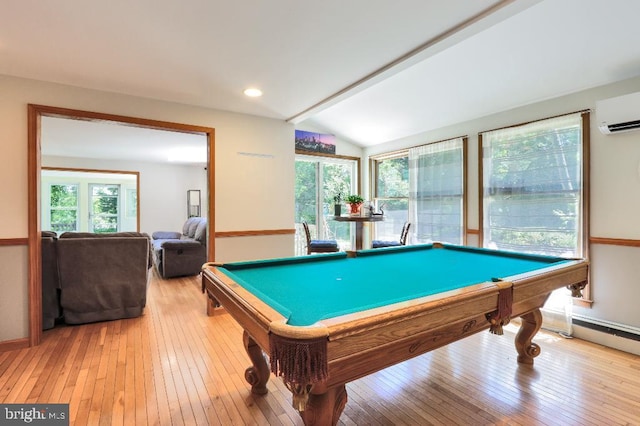 99 Old Main Shore Rd, Barnegat, NJ 08005 - recreation room with light wood finished floors, vaulted ceiling, pool table, and a wall mounted AC