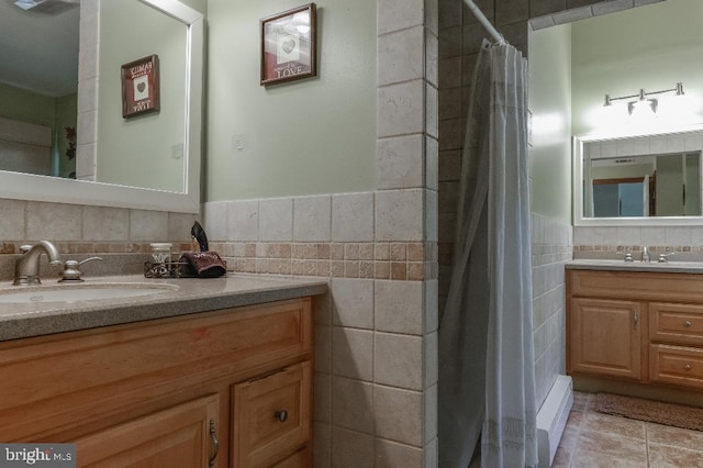 99 Old Main Shore Rd, Barnegat, NJ 08005 - full bath featuring tile walls, vanity, tile patterned floors, a wainscoted wall, and a shower with curtain