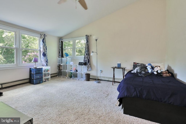 99 Old Main Shore Rd, Barnegat, NJ 08005 - carpeted bedroom featuring lofted ceiling, a baseboard heating unit, and a ceiling fan