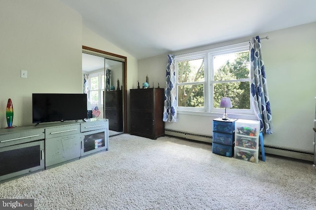 99 Old Main Shore Rd, Barnegat, NJ 08005 - carpeted living area featuring a baseboard heating unit, plenty of natural light, and lofted ceiling