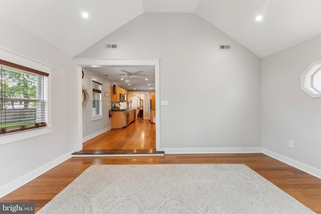 122 Carver Ave, Egg Harbor Township, NJ 08234 - unfurnished living room featuring wood finished floors, ceiling fan, high vaulted ceiling, and recessed lighting
