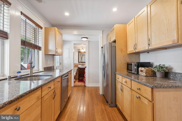 122 Carver Ave, Egg Harbor Township, NJ 08234 - kitchen with stainless steel appliances, light wood-style floors, light brown cabinetry, recessed lighting, and dark stone countertops