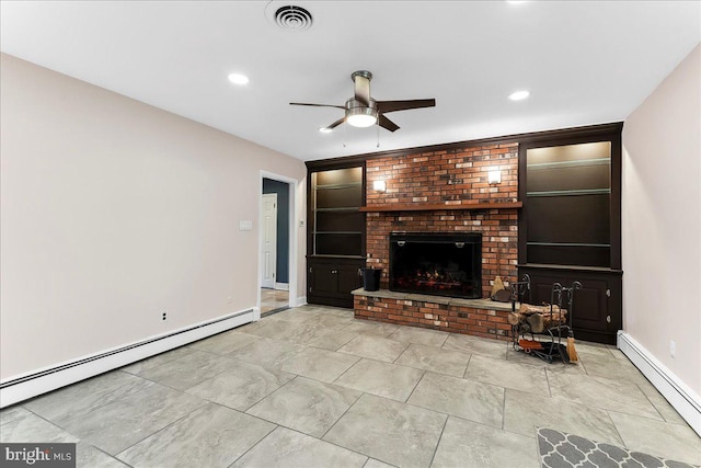 136 Schoolhouse Ln, Glen Mills, PA 19342 - unfurnished living room featuring baseboard heating, a ceiling fan, a brick fireplace, built in features, and recessed lighting