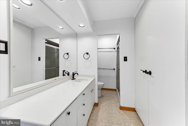 136 Schoolhouse Ln, Glen Mills, PA 19342 - bathroom with vanity, recessed lighting, a shower with shower door, and tile patterned flooring