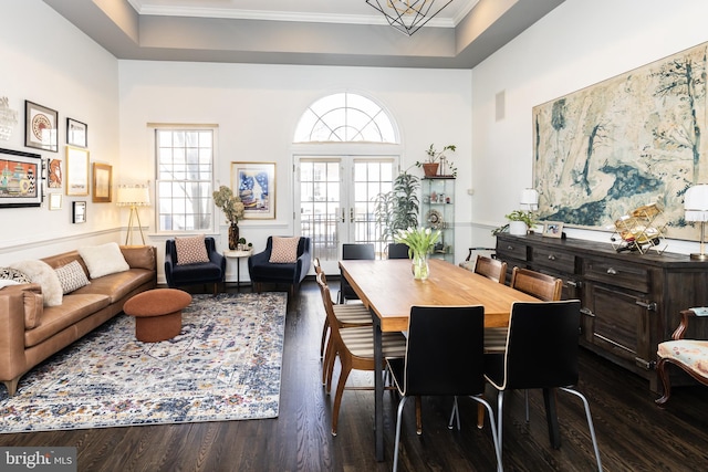 216 Christian St Unit E, Philadelphia, PA 19147 - dining space featuring dark wood-type flooring, crown molding, a tray ceiling, and french doors