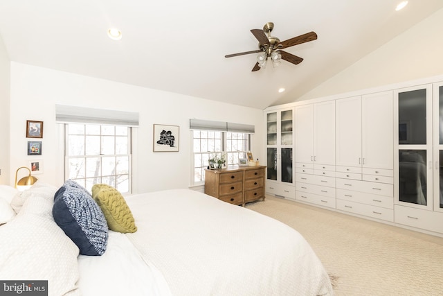 216 Christian St Unit E, Philadelphia, PA 19147 - bedroom featuring multiple windows, light colored carpet, recessed lighting, a ceiling fan, and high vaulted ceiling