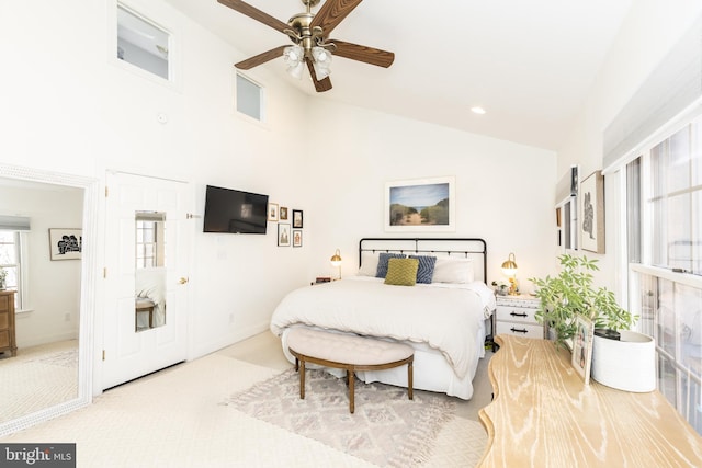 216 Christian St Unit E, Philadelphia, PA 19147 - bedroom with high vaulted ceiling, carpet floors, ceiling fan, and recessed lighting