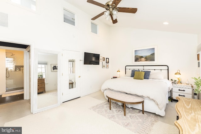 216 Christian St Unit E, Philadelphia, PA 19147 - bedroom featuring light carpet, high vaulted ceiling, connected bathroom, recessed lighting, and a ceiling fan