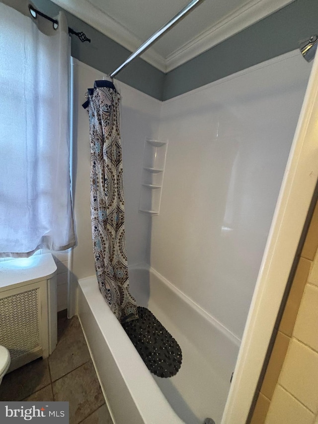 2228 Manor Ave, Upper Darby, PA 19082 - full bath featuring ornamental molding, shower / tub combo with curtain, and tile patterned flooring