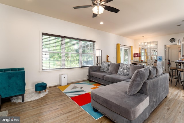 55 Hamlet Cir, Mechanicsburg, PA 17050 - living area featuring a chandelier, wood finished floors, a ceiling fan, and recessed lighting