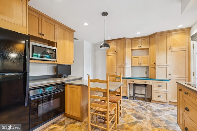 1243 Grove Rd, West Chester, PA 19380 - kitchen featuring black appliances, built in desk, recessed lighting, and pendant lighting